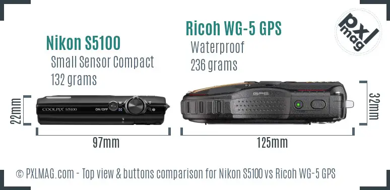 Nikon S5100 vs Ricoh WG-5 GPS top view buttons comparison