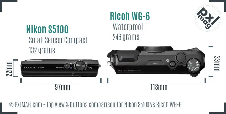 Nikon S5100 vs Ricoh WG-6 top view buttons comparison Nikon S5100 vs Ricoh WG-6 top view buttons comparison