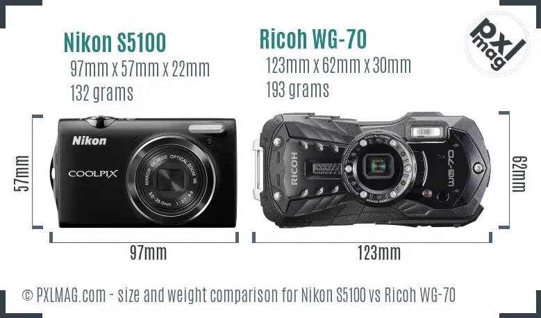 Nikon S5100 vs Ricoh WG-70 size comparison