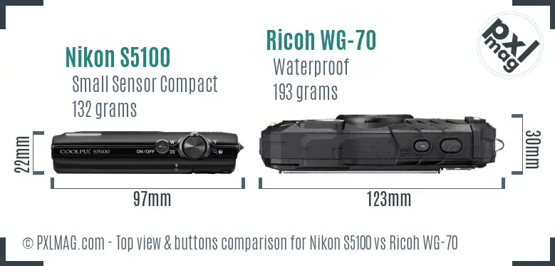 Nikon S5100 vs Ricoh WG-70 top view buttons comparison