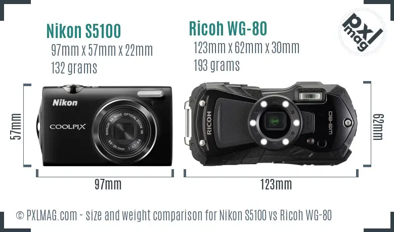 Nikon S5100 vs Ricoh WG-80 size comparison