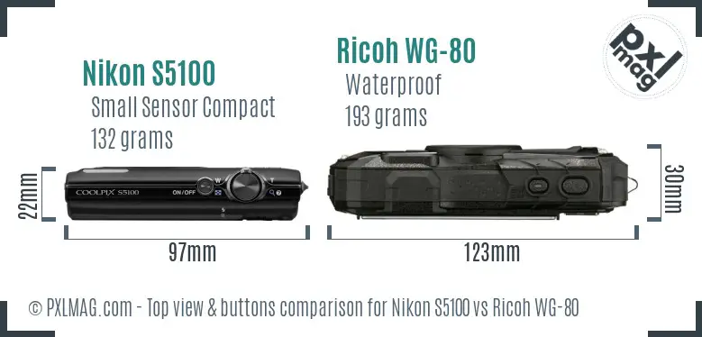 Nikon S5100 vs Ricoh WG-80 top view buttons comparison