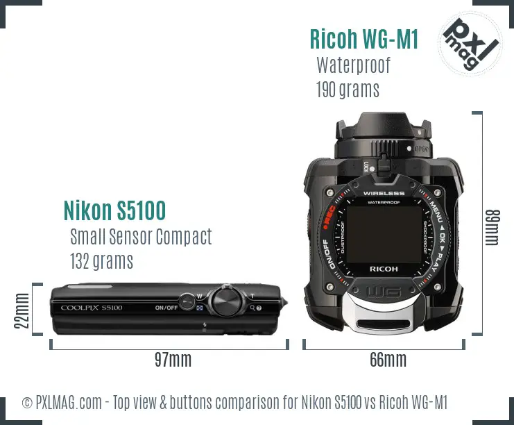 Nikon S5100 vs Ricoh WG-M1 top view buttons comparison Nikon S5100 vs Ricoh WG-M1 top view buttons comparison