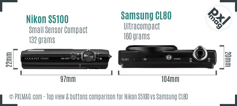 Nikon S5100 vs Samsung CL80 top view buttons comparison