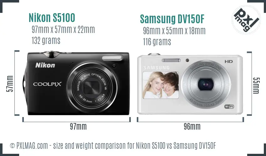 Nikon S5100 vs Samsung DV150F size comparison
