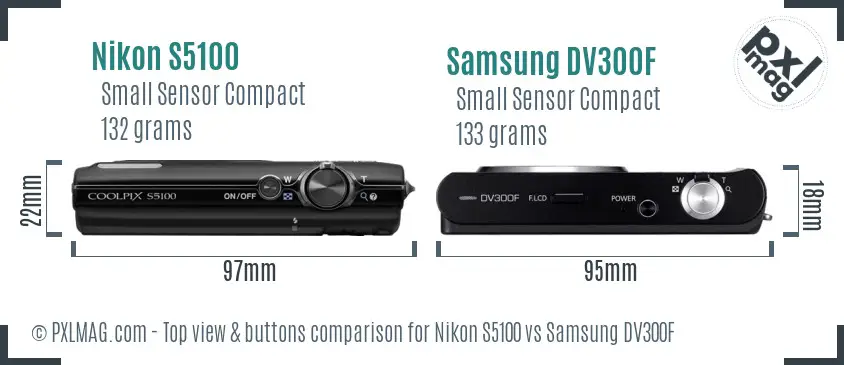 Nikon S5100 vs Samsung DV300F top view buttons comparison