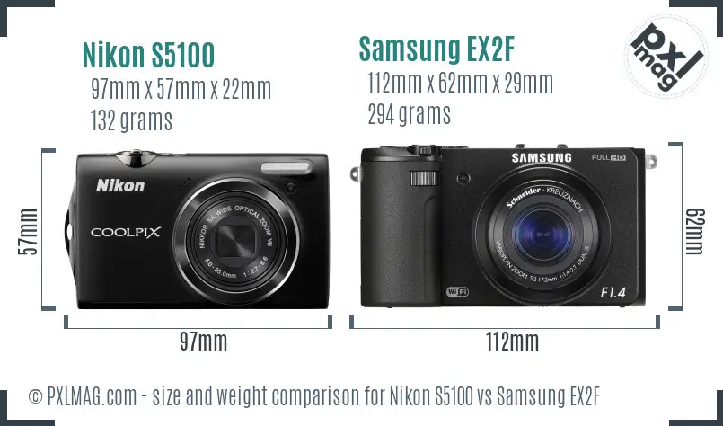 Nikon S5100 vs Samsung EX2F size comparison