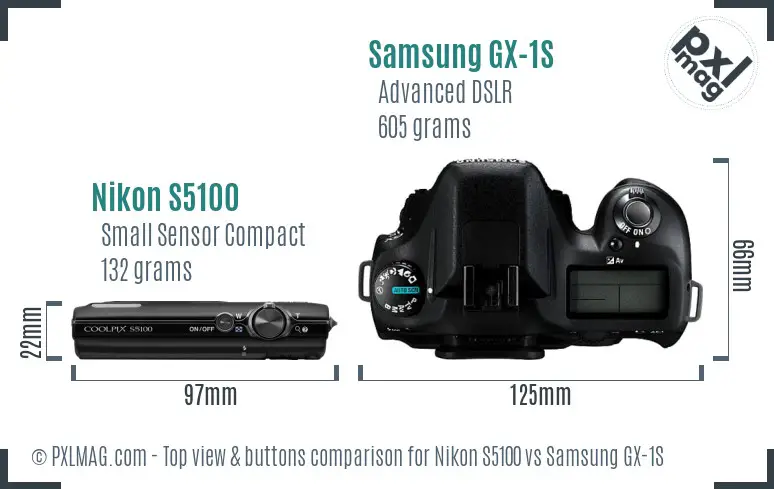 Nikon S5100 vs Samsung GX-1S top view buttons comparison