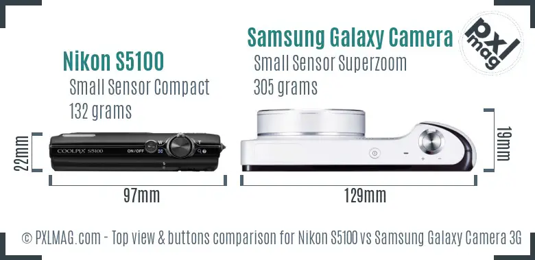 Nikon S5100 vs Samsung Galaxy Camera 3G top view buttons comparison Nikon S5100 vs Samsung Galaxy Camera 3G top view buttons comparison