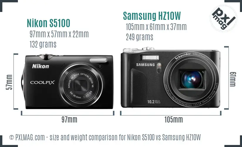 Nikon S5100 vs Samsung HZ10W size comparison