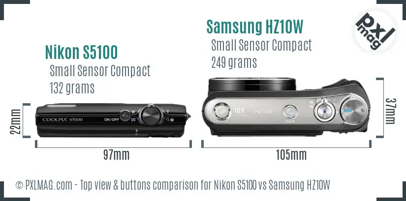Nikon S5100 vs Samsung HZ10W top view buttons comparison