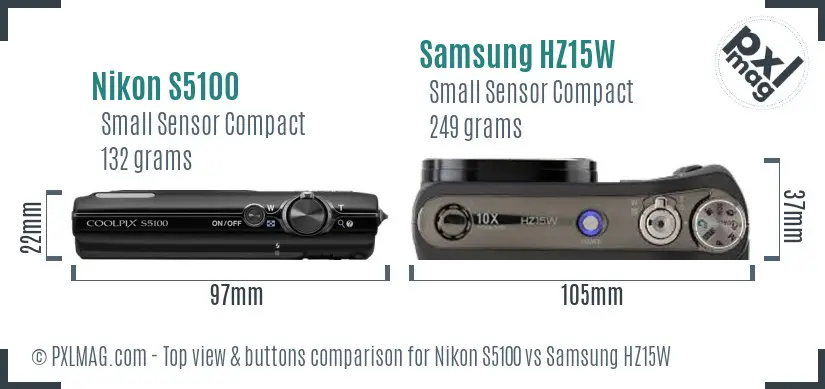 Nikon S5100 vs Samsung HZ15W top view buttons comparison Nikon S5100 vs Samsung HZ15W top view buttons comparison