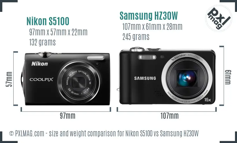 Nikon S5100 vs Samsung HZ30W size comparison