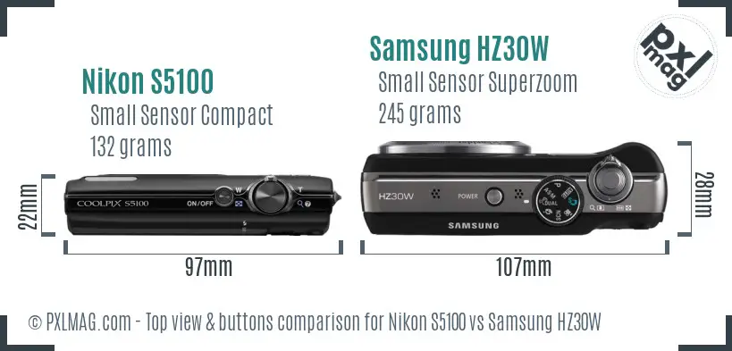 Nikon S5100 vs Samsung HZ30W top view buttons comparison