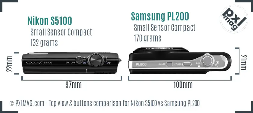 Nikon S5100 vs Samsung PL200 top view buttons comparison