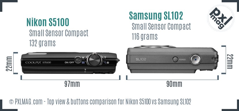 Nikon S5100 vs Samsung SL102 top view buttons comparison