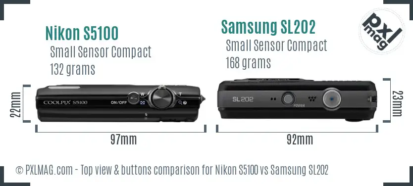 Nikon S5100 vs Samsung SL202 top view buttons comparison Nikon S5100 vs Samsung SL202 top view buttons comparison