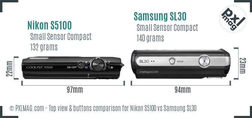 Nikon S5100 vs Samsung SL30 top view buttons comparison Nikon S5100 vs Samsung SL30 top view buttons comparison