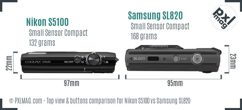Nikon S5100 vs Samsung SL820 top view buttons comparison