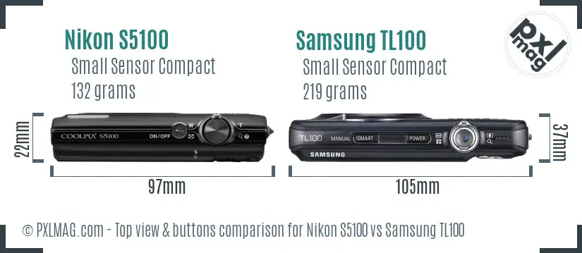 Nikon S5100 vs Samsung TL100 top view buttons comparison