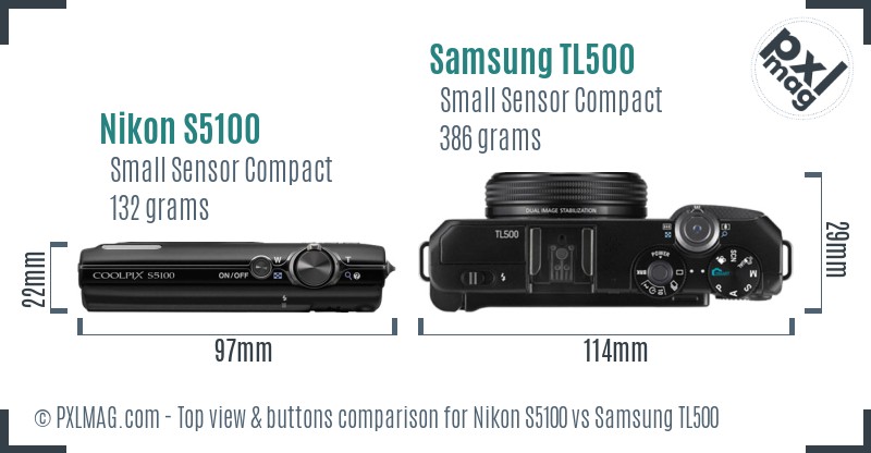 Nikon S5100 vs Samsung TL500 top view buttons comparison