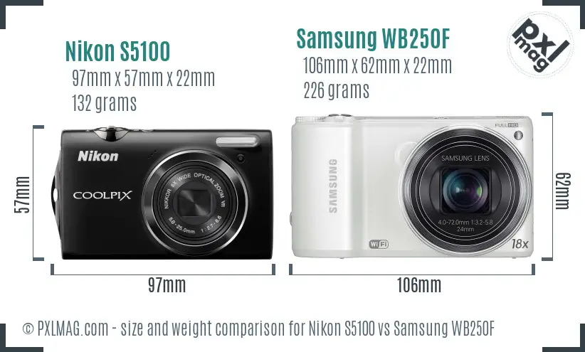 Nikon S5100 vs Samsung WB250F size comparison