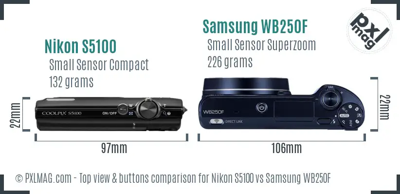 Nikon S5100 vs Samsung WB250F top view buttons comparison