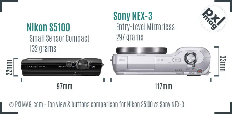 Nikon S5100 vs Sony NEX-3 top view buttons comparison