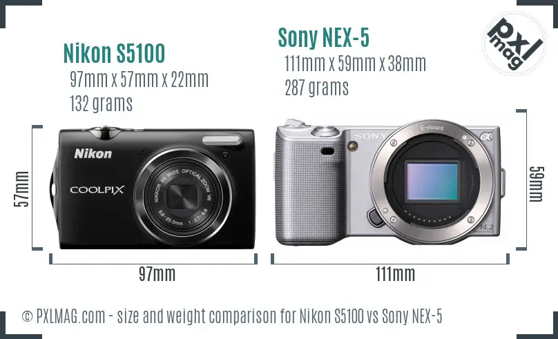 Nikon S5100 vs Sony NEX-5 size comparison