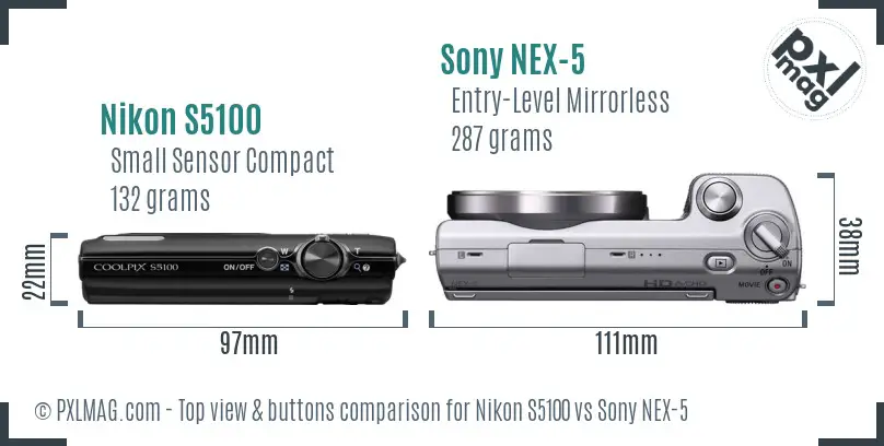 Nikon S5100 vs Sony NEX-5 top view buttons comparison