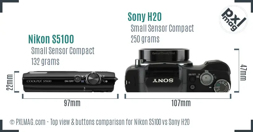 Nikon S5100 vs Sony H20 top view buttons comparison