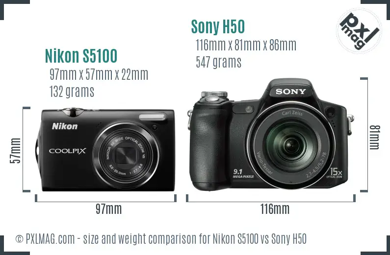 Nikon S5100 vs Sony H50 size comparison