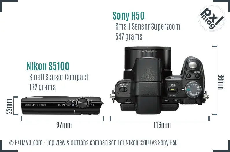 Nikon S5100 vs Sony H50 top view buttons comparison