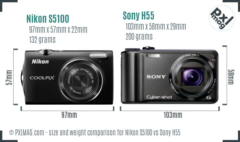 Nikon S5100 vs Sony H55 size comparison