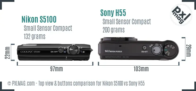 Nikon S5100 vs Sony H55 top view buttons comparison