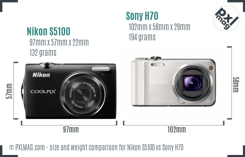 Nikon S5100 vs Sony H70 size comparison