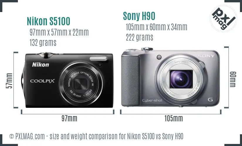 Nikon S5100 vs Sony H90 size comparison