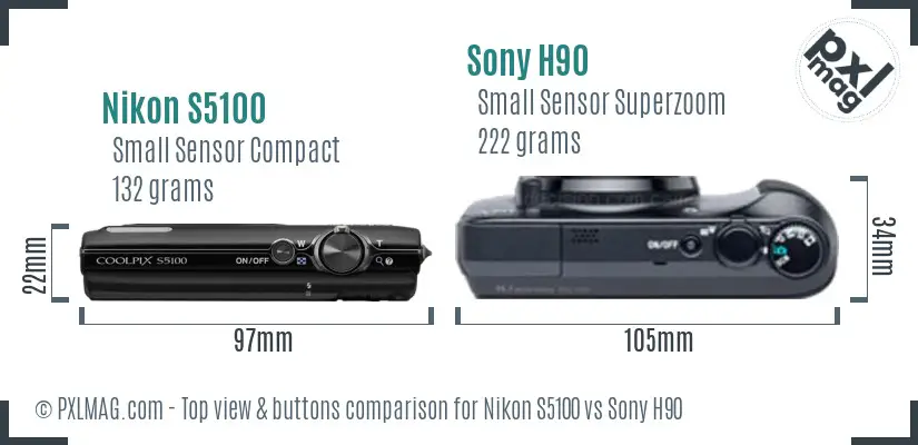 Nikon S5100 vs Sony H90 top view buttons comparison