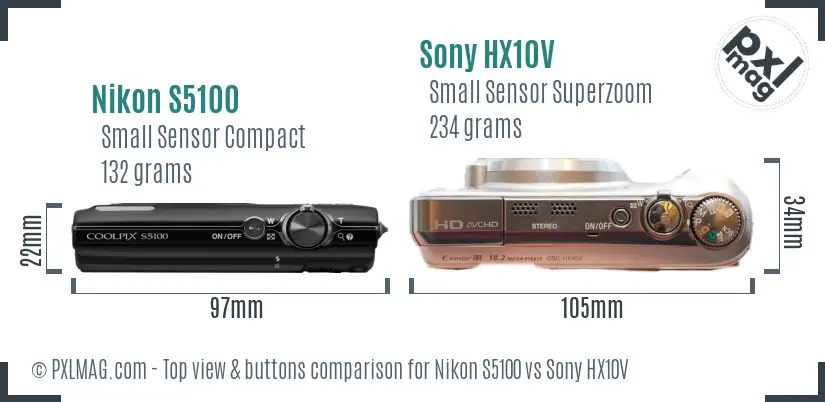 Nikon S5100 vs Sony HX10V top view buttons comparison