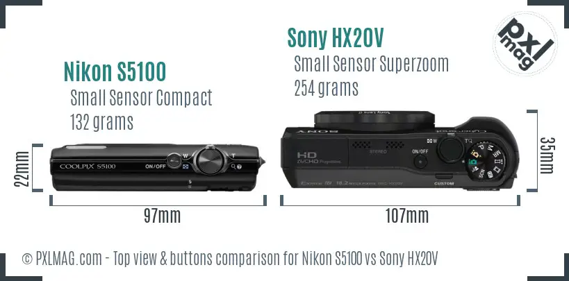 Nikon S5100 vs Sony HX20V top view buttons comparison Nikon S5100 vs Sony HX20V top view buttons comparison