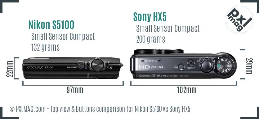 Nikon S5100 vs Sony HX5 top view buttons comparison