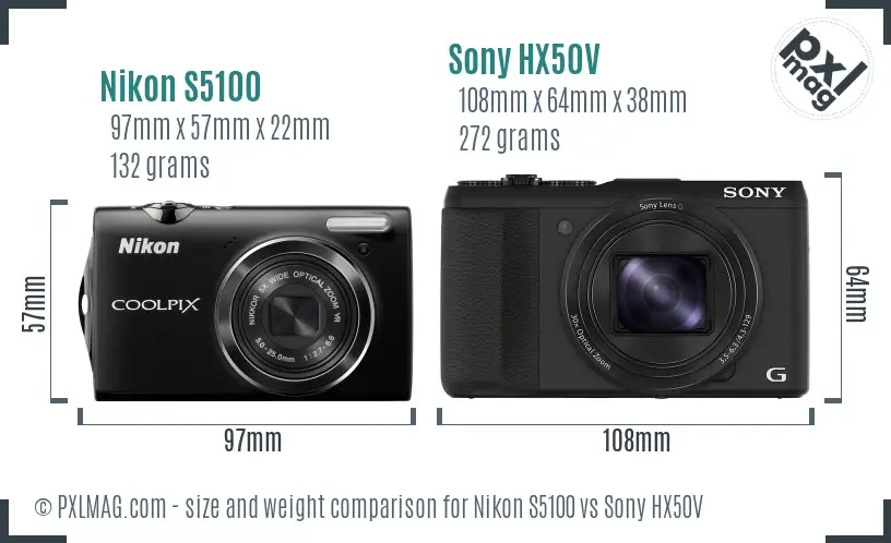 Nikon S5100 vs Sony HX50V size comparison