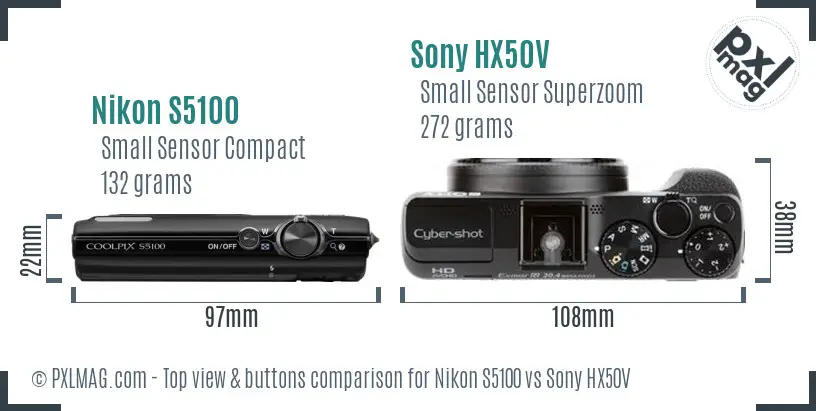 Nikon S5100 vs Sony HX50V top view buttons comparison