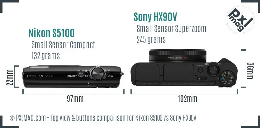 Nikon S5100 vs Sony HX90V top view buttons comparison