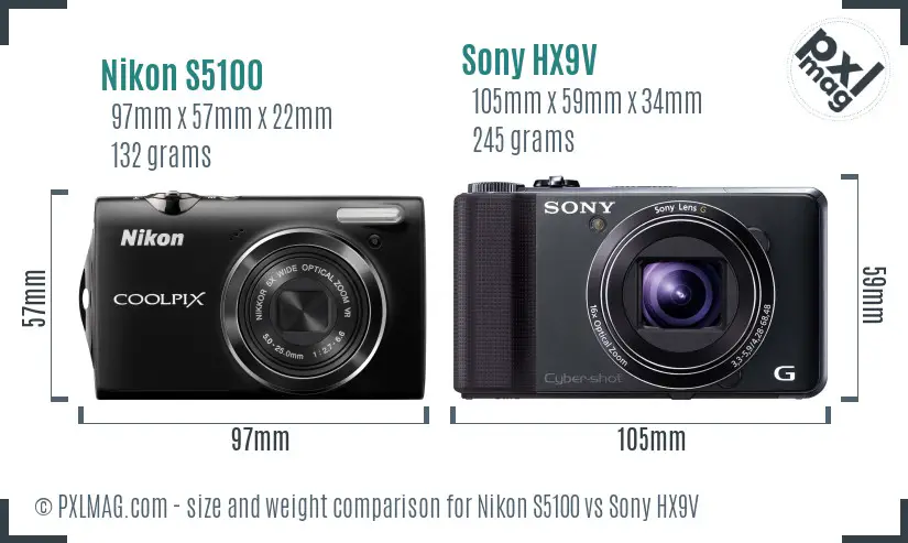 Nikon S5100 vs Sony HX9V size comparison