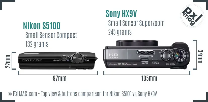 Nikon S5100 vs Sony HX9V top view buttons comparison