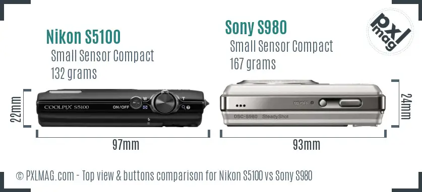 Nikon S5100 vs Sony S980 top view buttons comparison Nikon S5100 vs Sony S980 top view buttons comparison