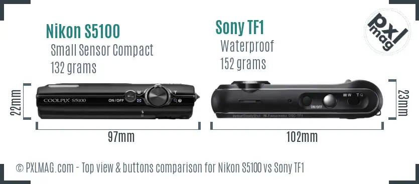 Nikon S5100 vs Sony TF1 top view buttons comparison