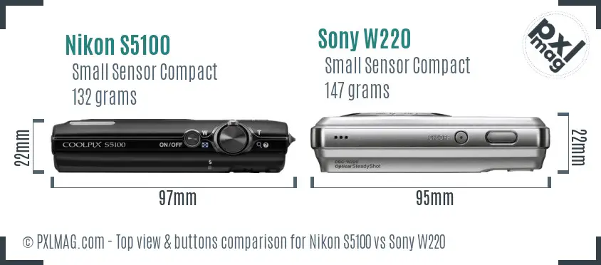 Nikon S5100 vs Sony W220 top view buttons comparison