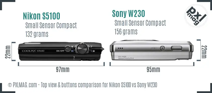 Nikon S5100 vs Sony W230 top view buttons comparison